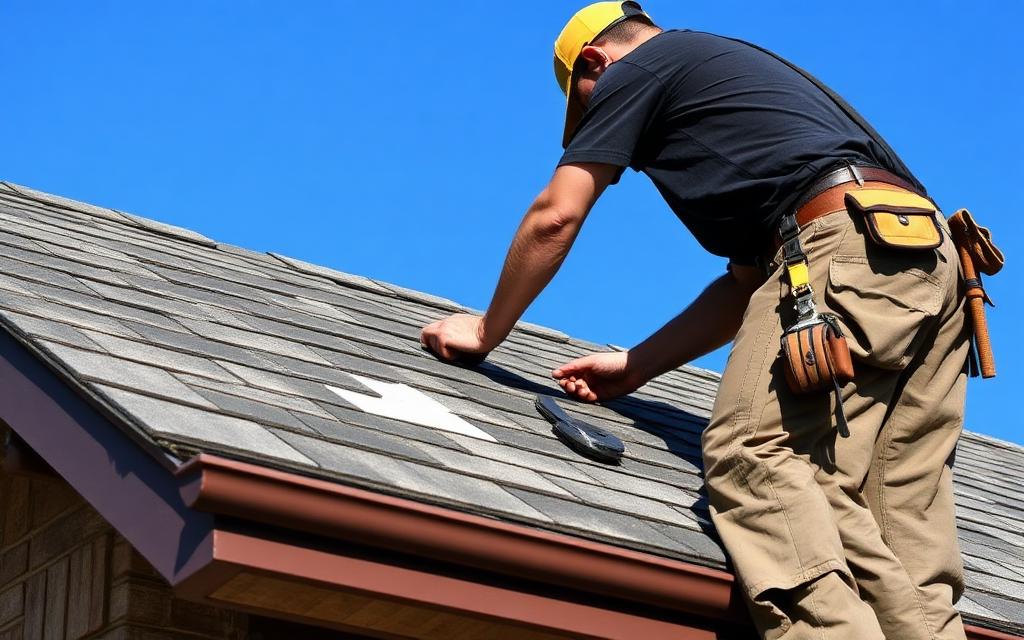 Roofer repairing damaged shingles on a residential roof